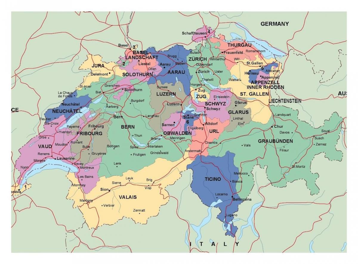 mapa de suiza con las ciudades y pueblos