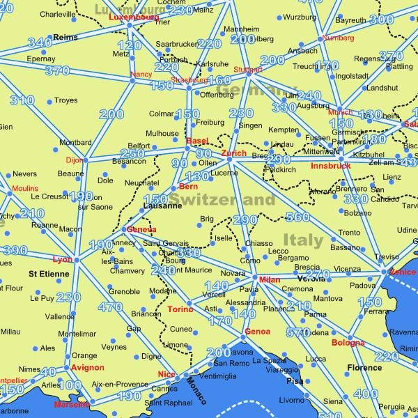 mapa de suiza mapa con distancias